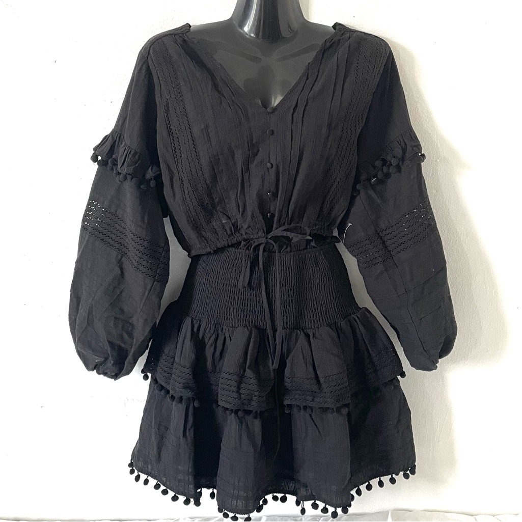 House Of Horlow 1960 Black Ballon Sleeves Pom Pom Crop Top Skirt Set